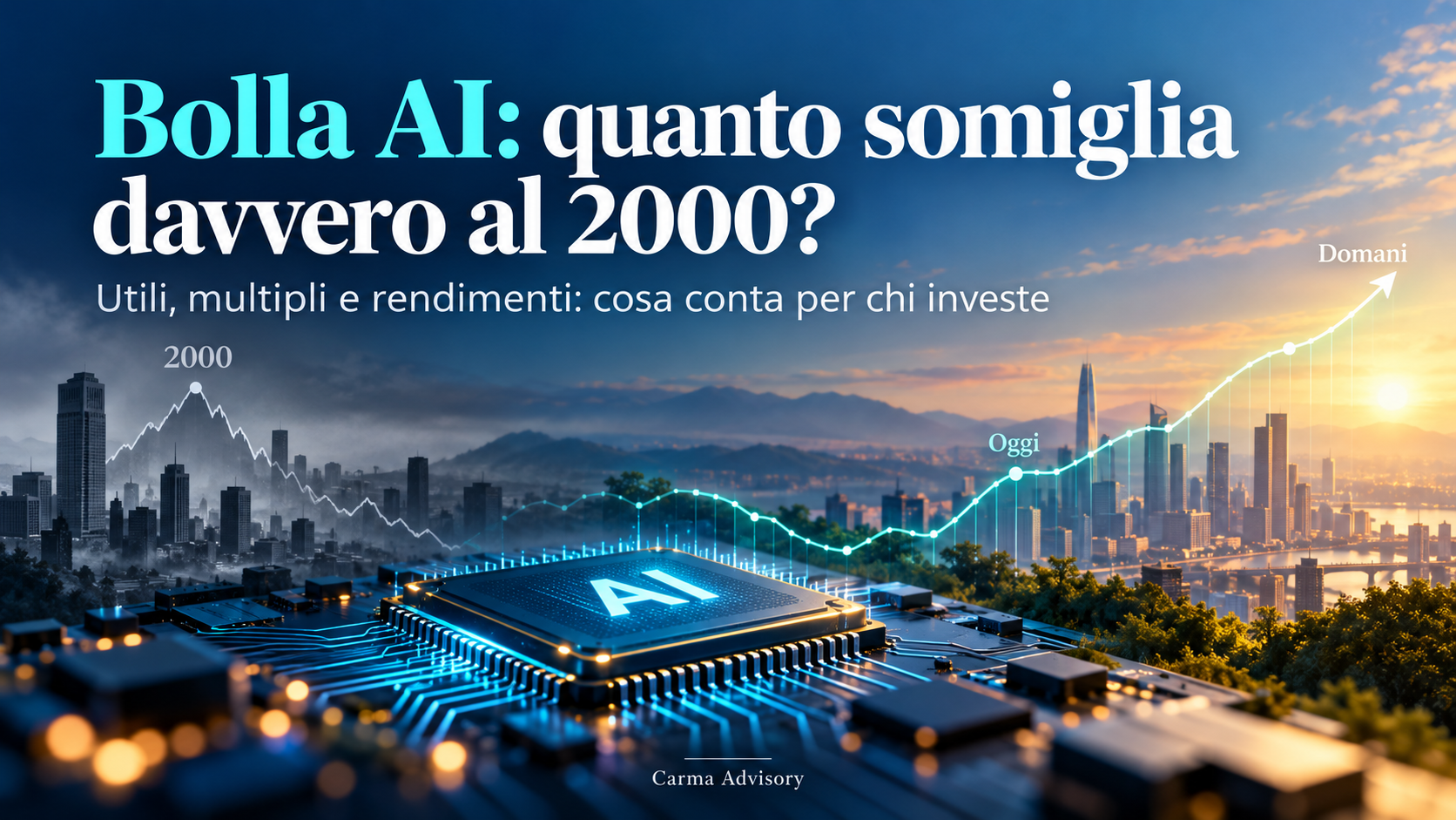 Illustrazione concettuale del confronto fra AI e 2000: un chip, due città e linee decorative di mercato.